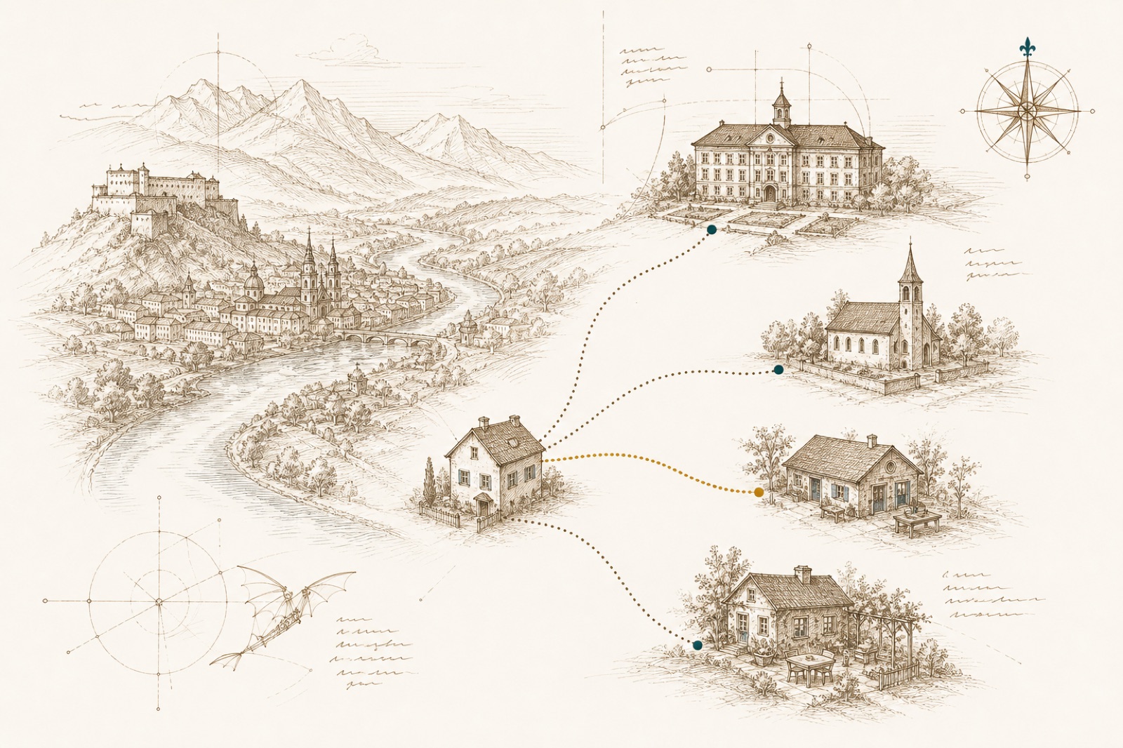 Sepia-Zeichnung einer Salzburg-Landschaft mit Festung und Fluss, von einem Wohnhaus führen gepunktete Wege zu verschiedenen Schulgebäuden, einer davon golden