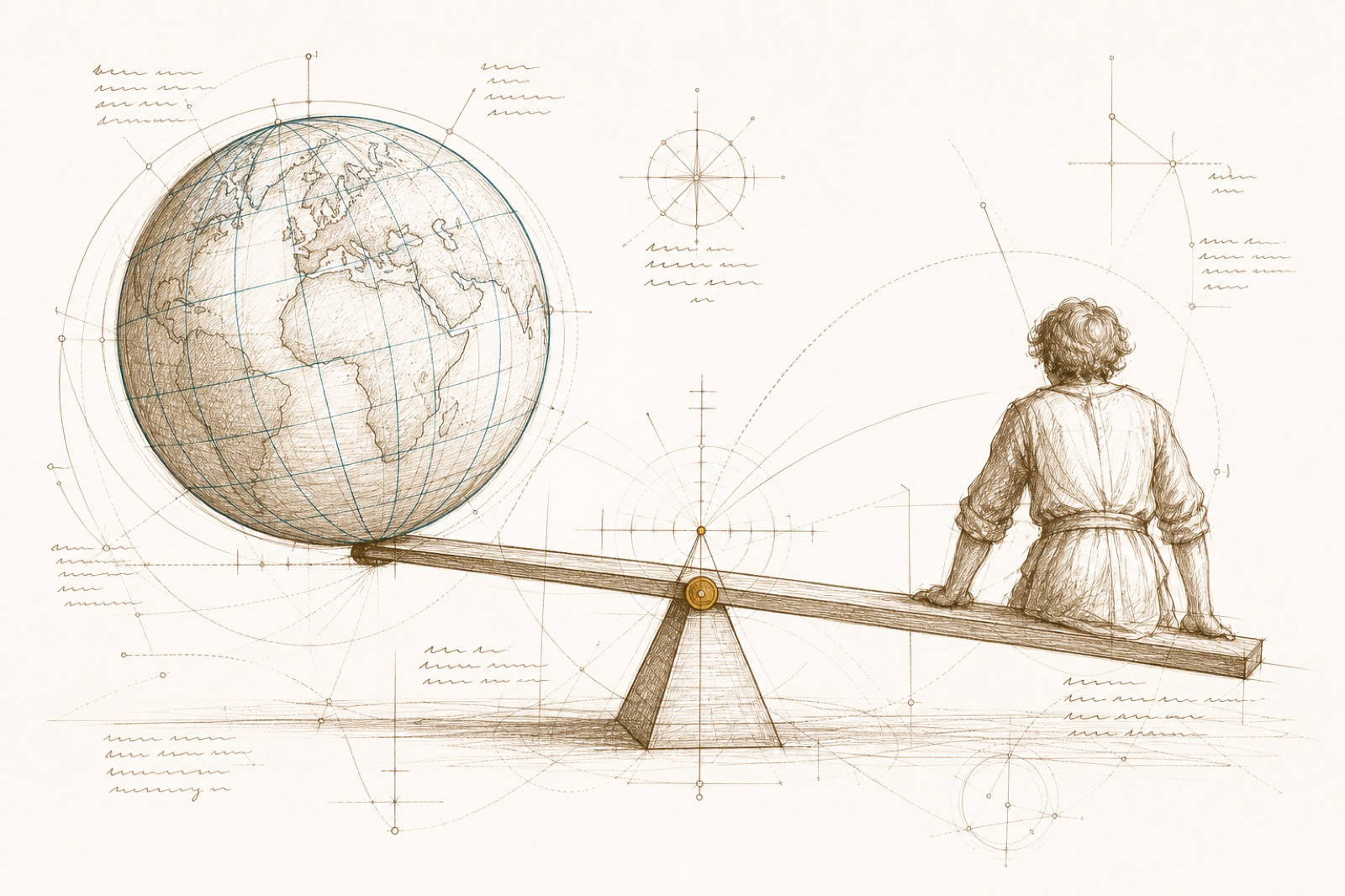 Sepia-Zeichnung eines Hebels, der die Welt bewegt: ein langer Hebel auf einem Drehpunkt hebt eine Erdkugel, am anderen Ende drückt eine kleine Figur von hinten