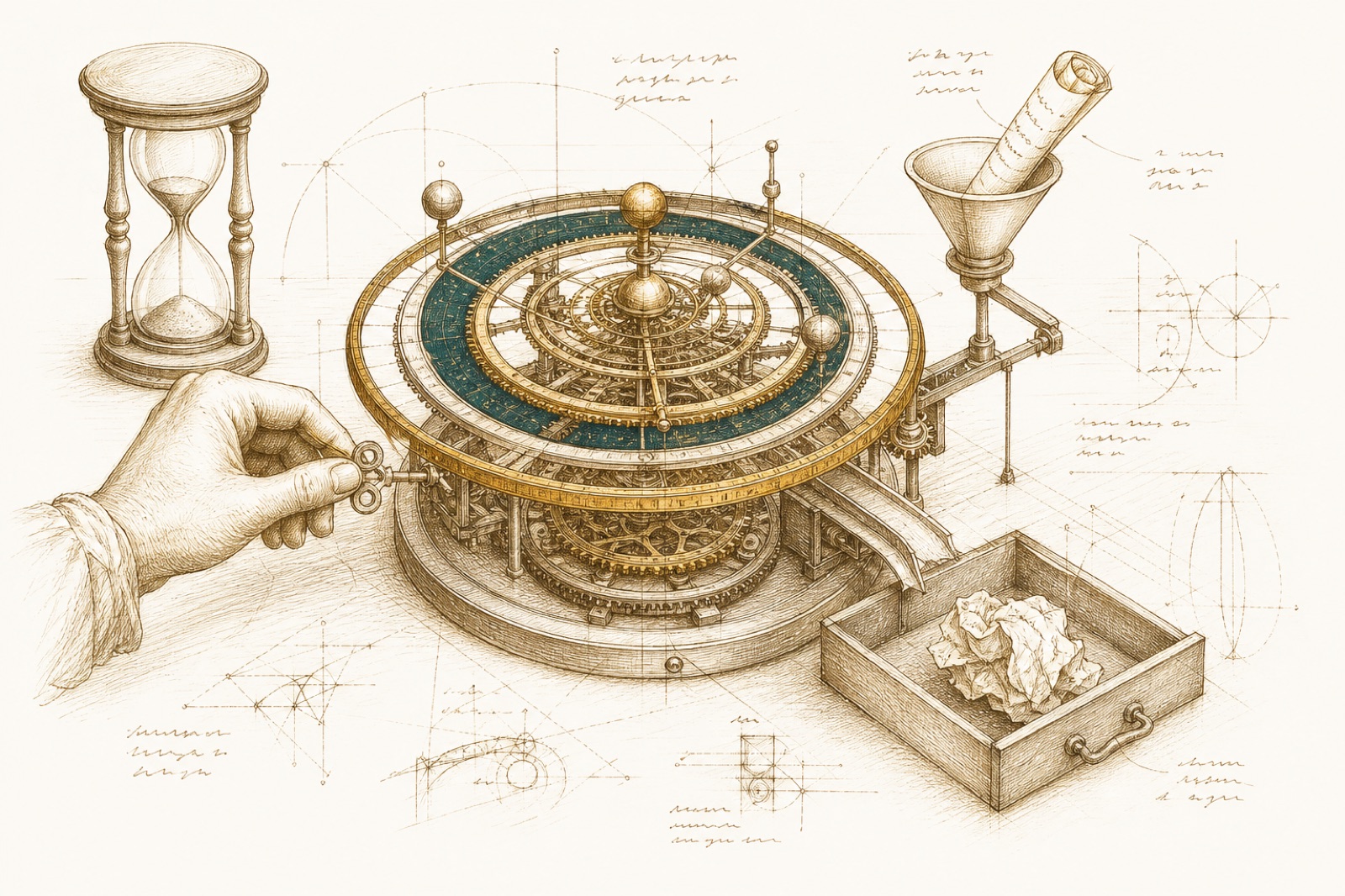 Sepia-Zeichnung eines Uhrwerks, das mit einem Schlüssel nachgestellt wird, daneben eine Sanduhr, ein Einlauftrichter mit einer Notiz und eine Ablage mit einem verworfenen Zettel
