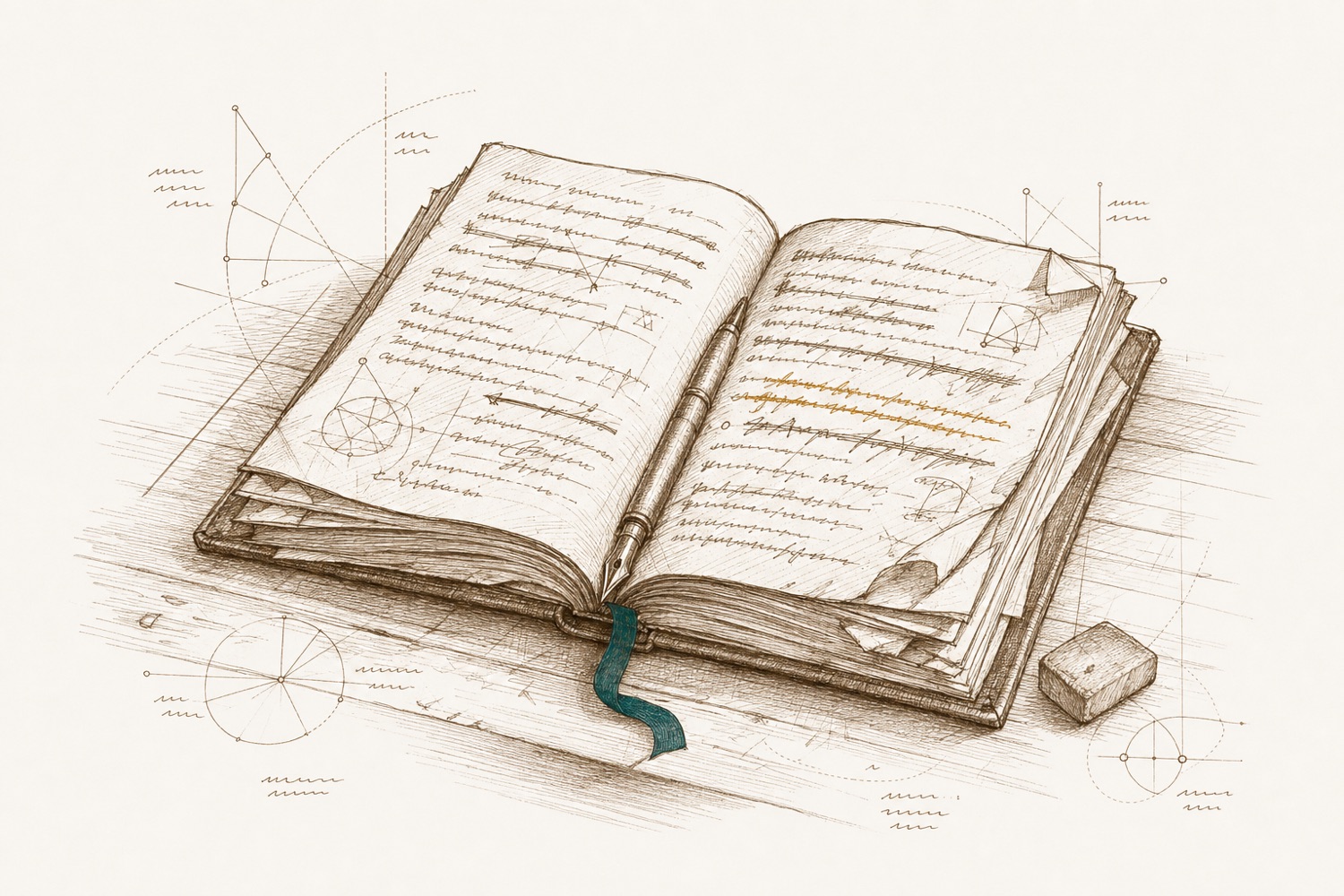 Sepia-Zeichnung eines aufgeschlagenen, viel benutzten Handbuchs voller handschriftlicher Korrekturen und Randnotizen