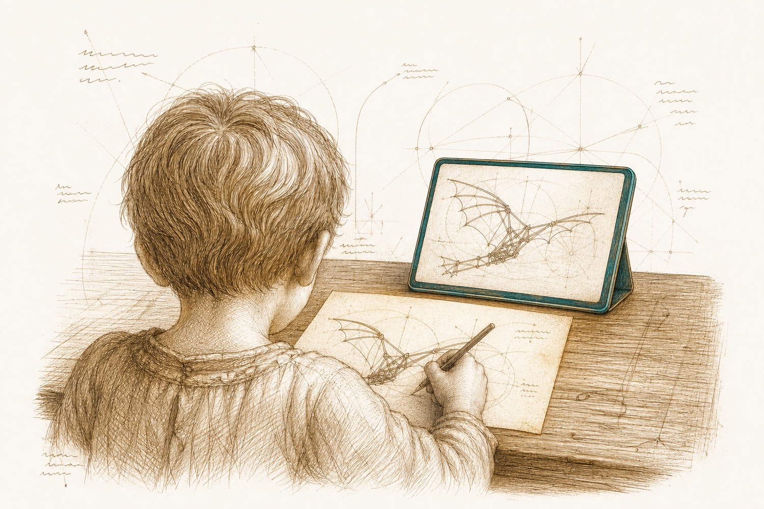 Sepia-Zeichnung: ein von hinten sichtbares Kind zeichnet seinen eigenen Entwurf auf Papier, daneben ein Tablet mit derselben Skizze
