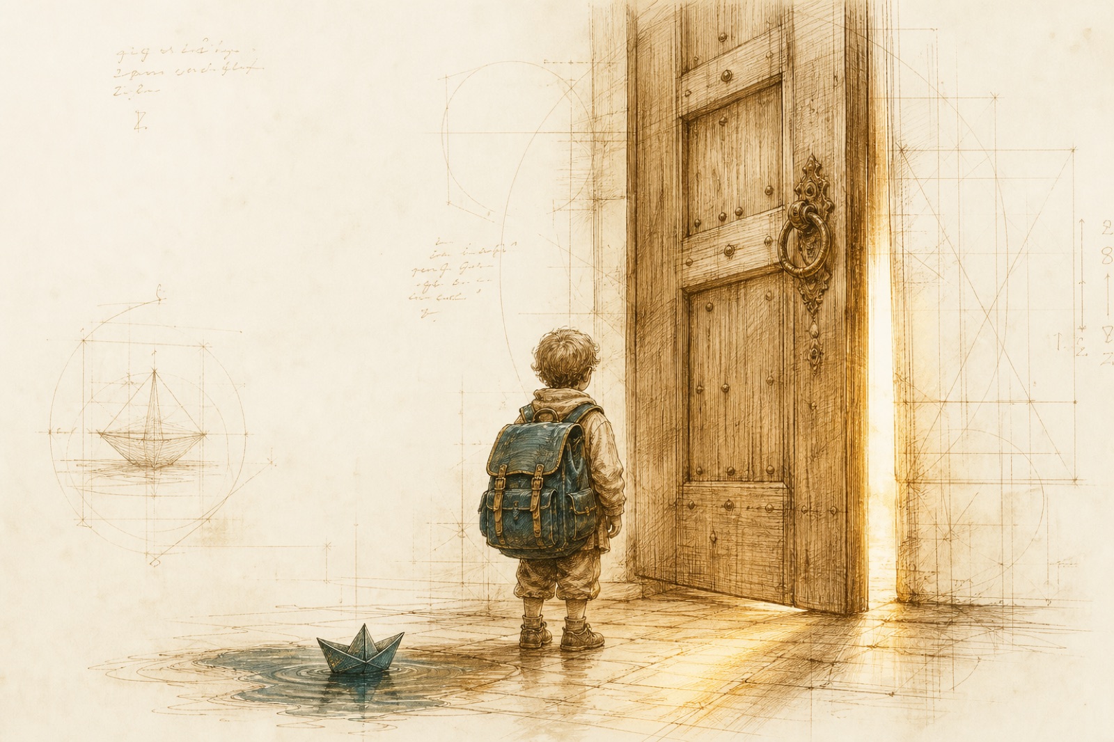 Sepia-Zeichnung eines Kindes von hinten mit großem Schulrucksack vor einer großen, einen Spalt geöffneten Tür, durch die warmes Licht fällt