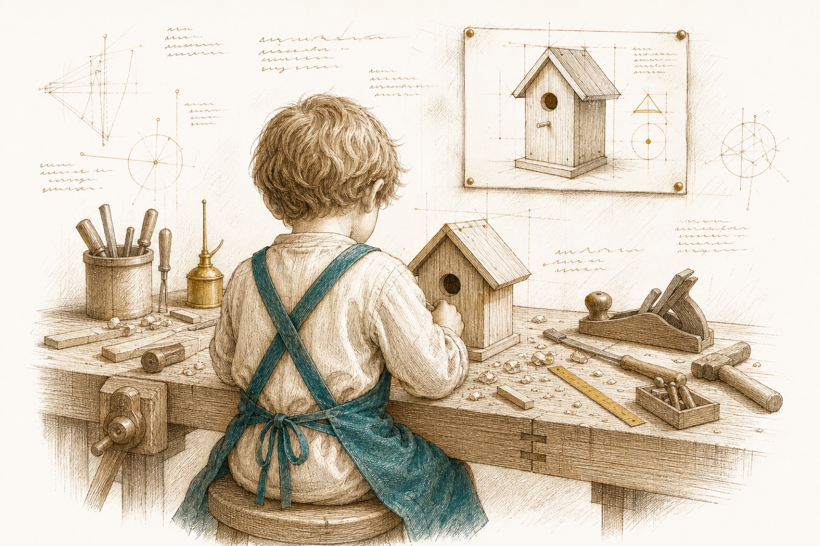 Sepia-Zeichnung eines Kindes von hinten an einer Werkbank, es baut ein Vogelhaus, über der Werkbank hängt die Konstruktionsskizze