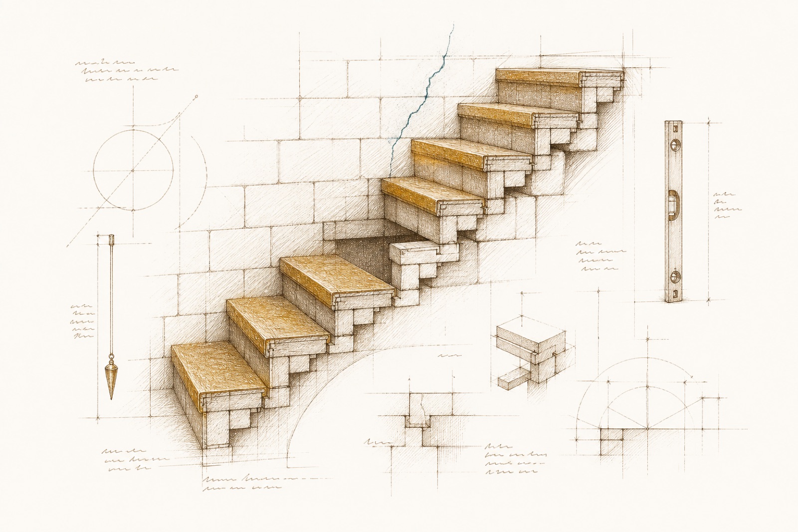 Sepia-Zeichnung einer Steintreppe, die Stufe für Stufe gebaut wird; eine übersprungene Stufe lässt einen Riss nach oben wachsen