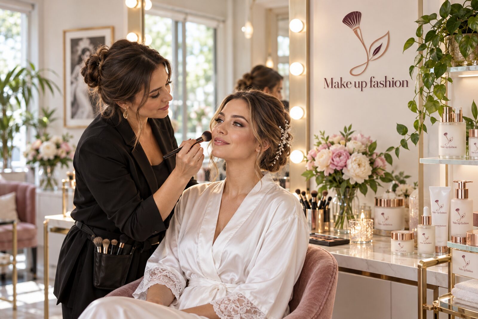 Fotorealistische Visualisierung eines hellen Schminkstudios: Eine Visagistin schminkt eine Braut im weißen Morgenmantel, im Regal Cremetiegel mit dem Logo Make up fashion