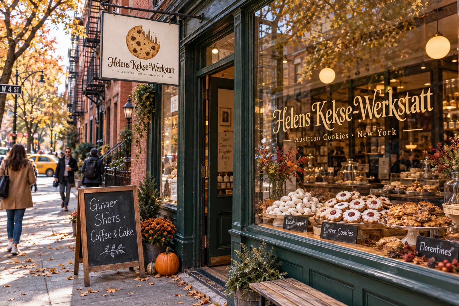 Fotorealistische Visualisierung eines Ladens mit grüner Holzfassade in einer herbstlichen Straße in New York, im Schaufenster österreichische Kekse und der Schriftzug Helens Kekse-Werkstatt