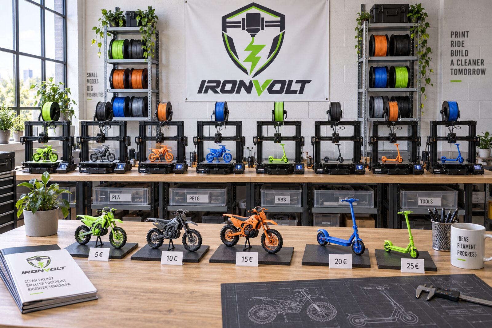 Fotorealistische Visualisierung einer hellen Werkstatt mit acht 3D-Druckern, davor Modelle von E-Motocross-Bikes und E-Scootern mit Preisschildern von 5 bis 25 Euro und ein Banner mit dem Logo Ironvolt
