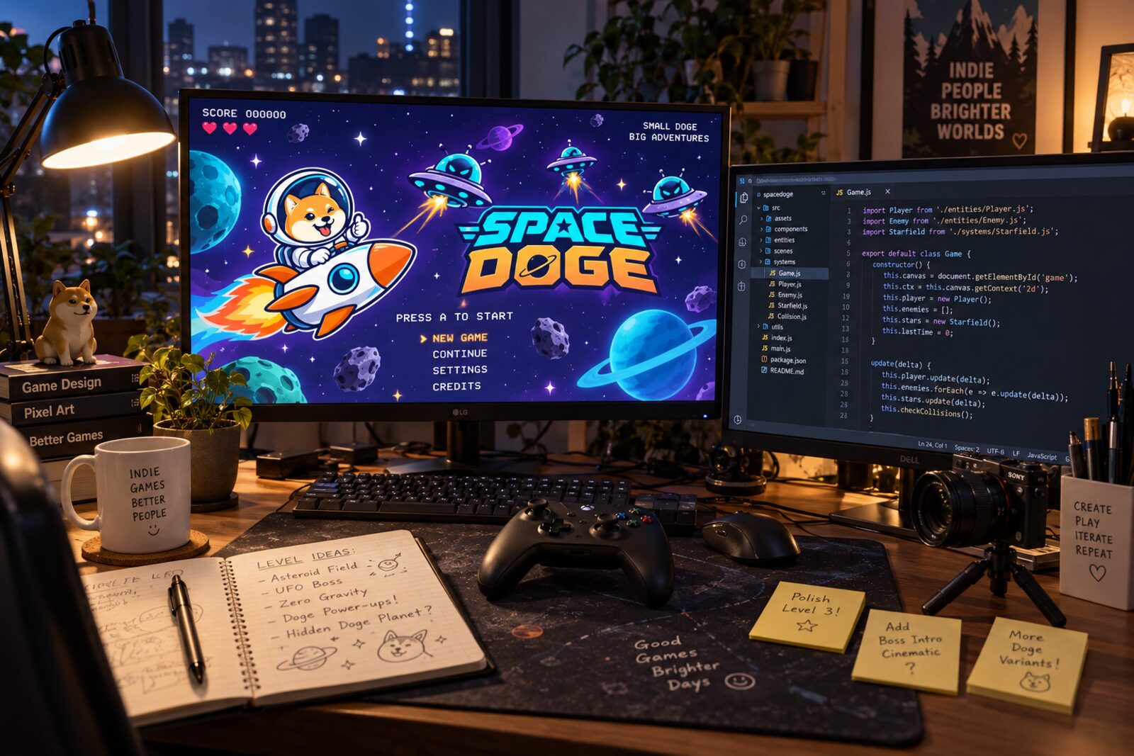 Fotorealistische Visualisierung eines Schreibtischs bei Nacht: auf dem großen Bildschirm das Spiel Space Doge mit einem Hund im Raumanzug auf einer Rakete, daneben ein Bildschirm mit JavaScript-Code
