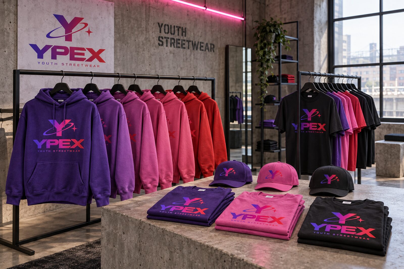Fotorealistische Visualisierung eines Streetwear-Pop-up-Stores mit Hoodies, T-Shirts und Kappen in Lila, Rot und Pink mit dem Logo YPEX und einem pinken Neonlicht