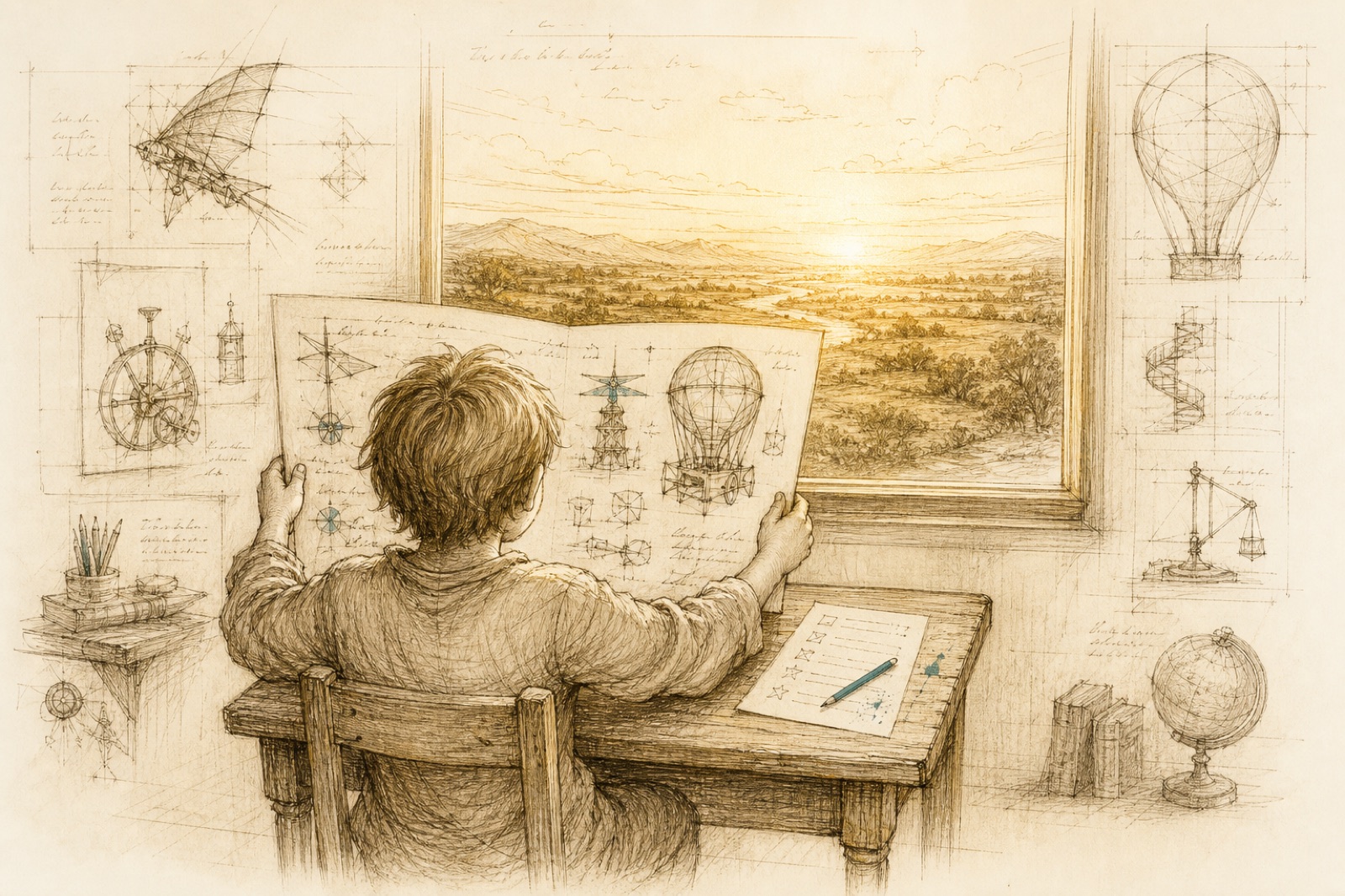Sepia-Zeichnung eines Kindes von hinten, das einen großen ehrgeizigen Erfindungs-Entwurf gegen einen sonnigen Horizont hält, während ein triviales Arbeitsblatt zur Seite geschoben ist