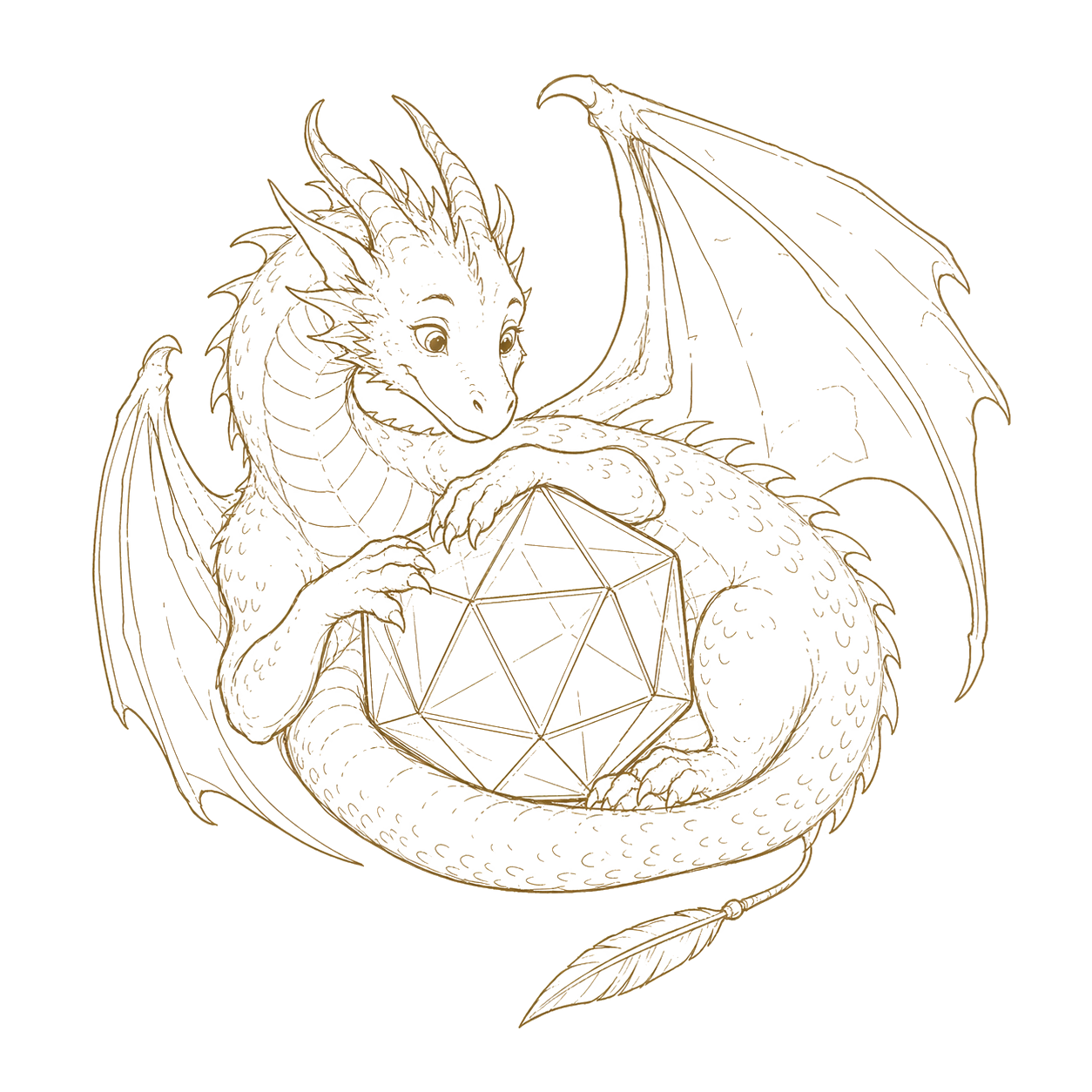 Freundlicher Drache mit einem zwanzigseitigen Würfel